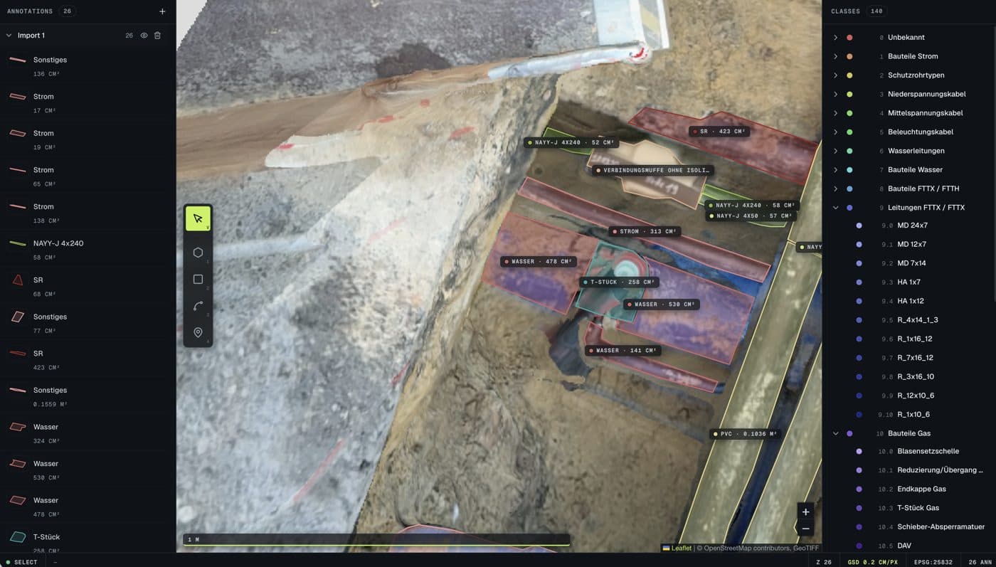 Luure Surveying AI: segmented utility lines in an open trench — power, water, fibre-optic and gas lines automatically detected and measured